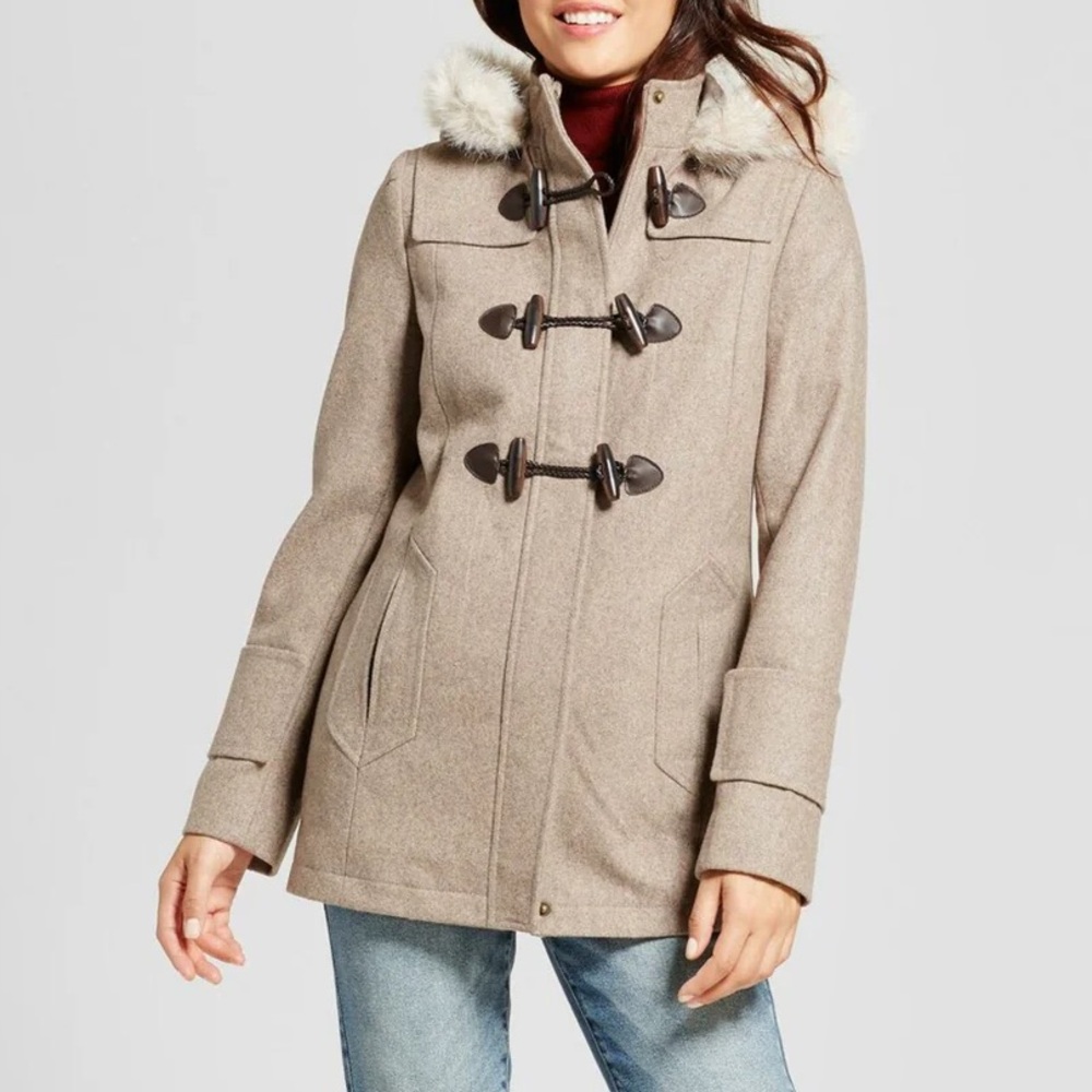 NWOT A NEW DAY WOMEN'S WOOL TOGGLE COAT WITH FUR HOOD OATMEAL SIZE SMALL